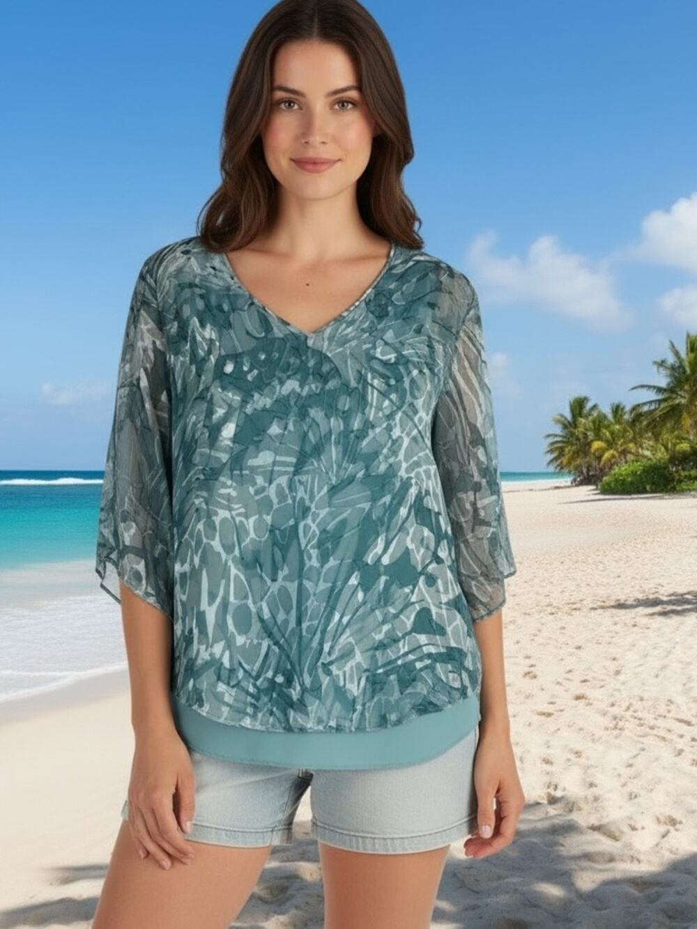 White House Black Market Abstract Print V-Neck Layered Flutter Sleeves Medium